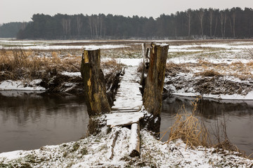 Winter landscape with Jeziorka river near Bogatki village, Masovia, Poland