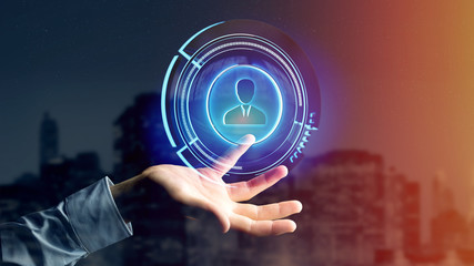 Businessman holding a Shinny technologic network contact button  - 3d render