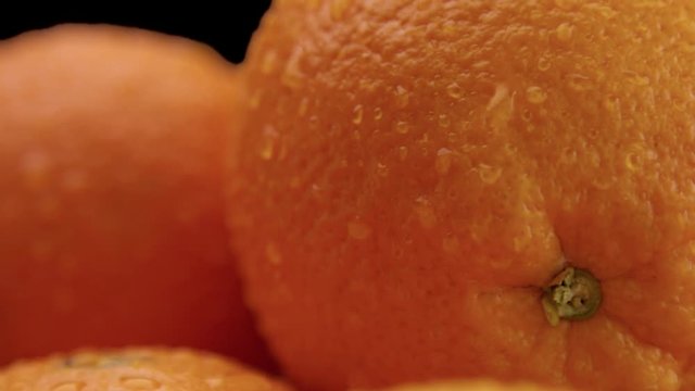 closeup of oranges on black background. Fresh with drops of water on peel. closeup of wet orange cut