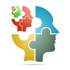 The human head composed of colored puzzle pieces with color head with gray shadow below the head on a white background. Human head composed of geometric elements 