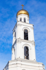 Fototapeta na wymiar Russian orthodox church. Bell tower of the Iversky monastery in Samara, Russia