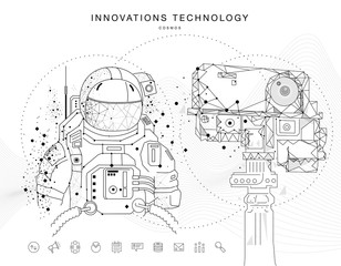 Future technologies in cosmos operations, automatics robot systems and innovations industry from awesome internet developments. Made in really geometry style with linear pictogram of future design
