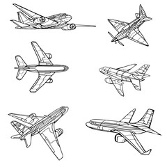 Vector abstract airplane icons set illustrating transportation and travel. Hand drawn.