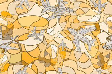Vector seamless pattern with fantasy airplanes. Abstract travel or holidays yellow background. Hand drawn.