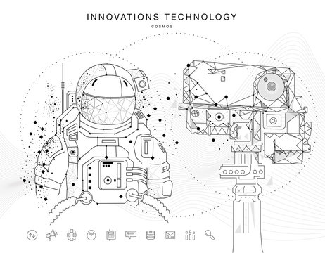 Future technologies in cosmos operations, automatics robot systems and innovations industry from awesome internet developments. Made in really geometry style with linear pictogram of future design