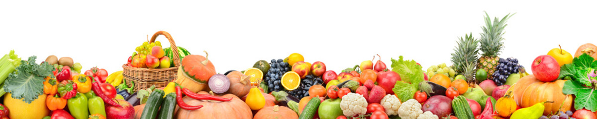Panorama of fruits, vegetables and berries isolated on white background for project.