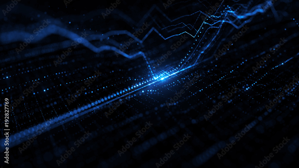 Poster 3d render background with graph. dots form up and down graph forms. digital finance concept.