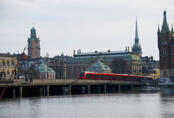 Fototapeta na wymiar Train in central Stockholm a cold winter day