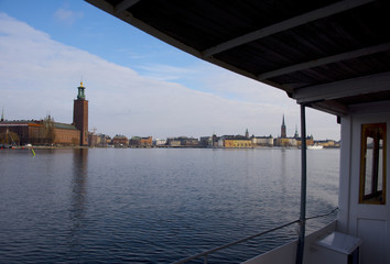 Fototapeta na wymiar Riddarholmen The Knights' Islet a winter day in Stockholm, seen from a ferry
