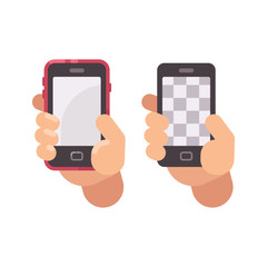 Hand holding a smartphone flat icon. Transparent background