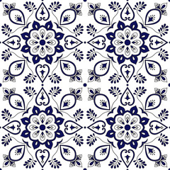 Portuguese tile pattern vector seamless with blue and white ornaments. Spanish azulejo, mexican talavera puebla, italian majolica or delft dutch. Tiled background for wallpaper, ceramic or fabric.
