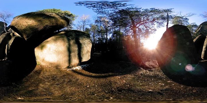 4K 360 VR virtual Reality of a beautiful mountain scene at the autumn time. Wild Siberian mountains, pine forest and meadow. National park with paths and sun rays.