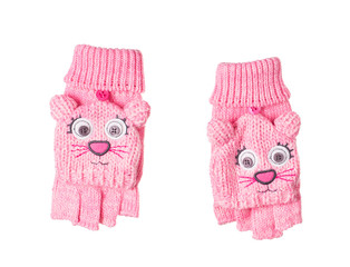 Knitted children's gloves face of cat.