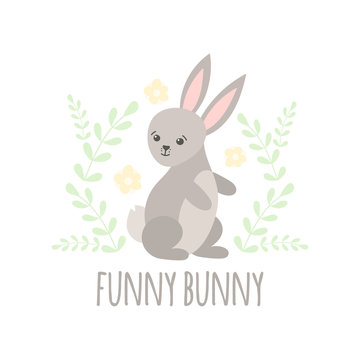 Cute baby pattern with little bunny. Cartoon animal character children print vector. Sweet kids background with forest hare and flowers for pajamas, t-shirt, bedroom textile, pillow, nursery.