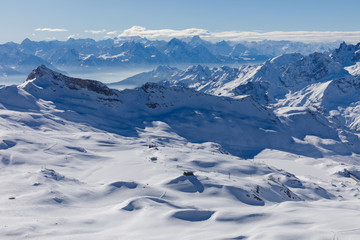 Fototapeta na wymiar View from Glacier Paradise Switzerland towards Cervinia in Italie 