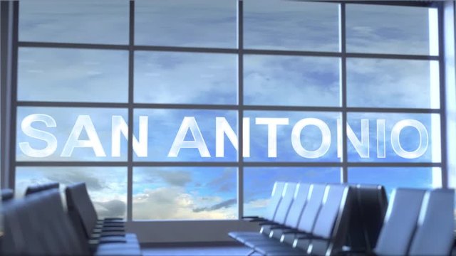 Commercial Airplane Landing At San Antonio International Airport. Travelling To The United States Conceptual Intro Animation