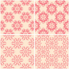Floral patterns. Set of beige and red seamless backgrounds