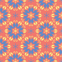 Floral seamless pattern. Bright pink orange background with yellow and blue flower elements