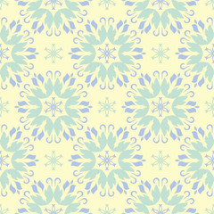 Beige colored floral seamless pattern. Background with light blue and green flower elements