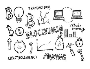 Collection of cryptoccurrency, blockchain and mining doodles.