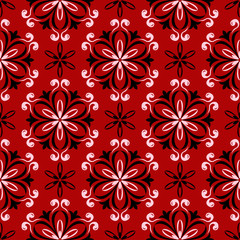 Floral seamless pattern. Black and white design on red background
