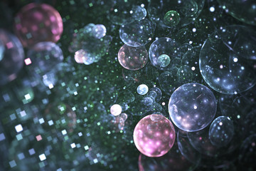 Abstract colorful blurred drops and sparkles on black background. Fantasy fractal texture in blue, rose and green colors. Digital art. 3D rendering.