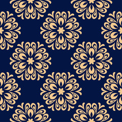 Golden floral seamless pattern on blue background