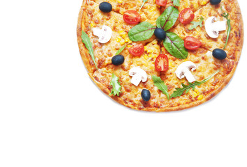 Pizza with ingredients isolated on white background.
