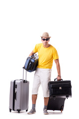 Happy young man going on summer vacation isolated on white