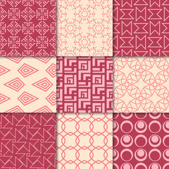 Cherry red and beige geometric ornaments. Collection of seamless patterns