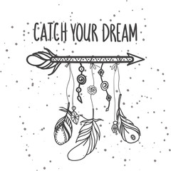 Hand drawn arrow with feathers in boho style.