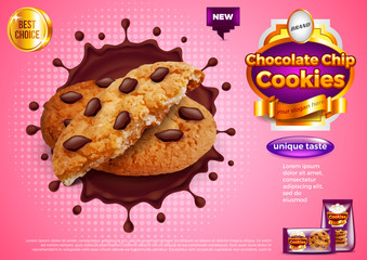 Cookies in chocolate splash ads vector background