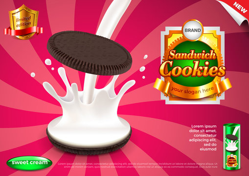 Sandwich Cookies And Pouring Milk Ads Vector Background