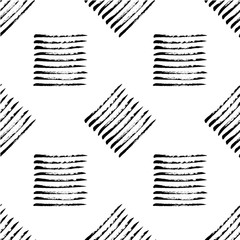 Hand painted black on white rough texture square seamless pattern, genuine brush on paper, vector