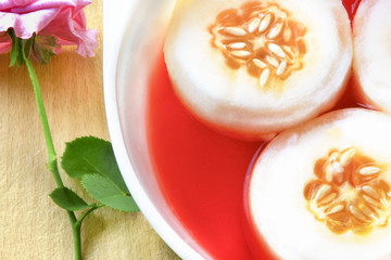 Succulent cucumbers served in red syrup as iftar soothing drink  during muslim fasting month.