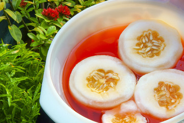 Succulent cucumbers served in red syrup as iftar soothing drink  during muslim fasting month.