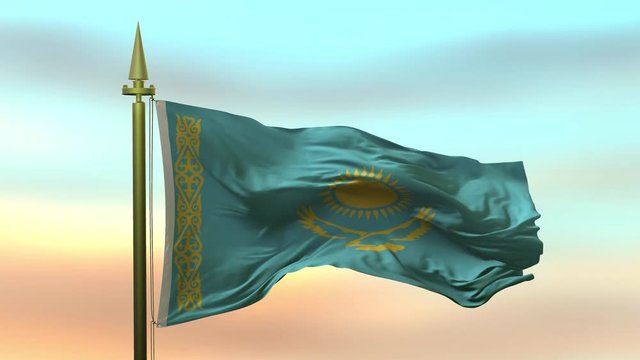National Flag of  Kazakhstan waving in the wind against the sunset sky background slow motion Seamless Loop Animation