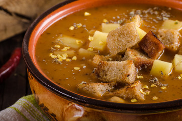 Goulash soup with croutons and potatoes
