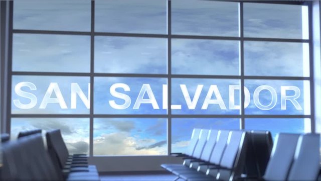Commercial airplane landing at San Salvador international airport. Travelling to El Salvador conceptual intro animation