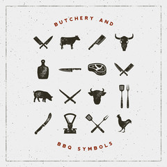set of butchery and barbecue symbols with letterpress effect. vector illustration