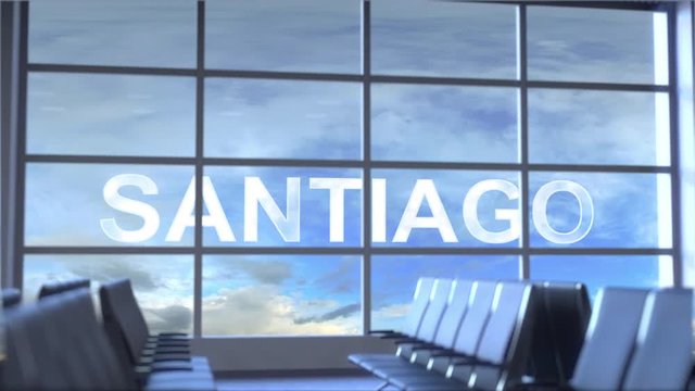 Commercial airplane landing at Santiago international airport. Travelling to Chile conceptual intro animation