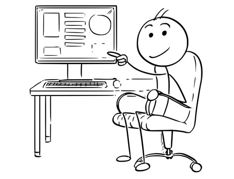 Cartoon stick man drawing conceptual illustration of businessman pointing at computer screen with data.