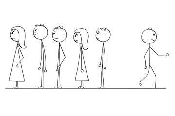 Cartoon stick man drawing conceptual illustration of man looking for another way instead of waiting in line or queue with crowd of people. Business concept problem solution and creativity.