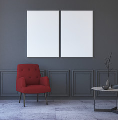 Mock Up Posters in Grey Interior with red Armchair. 3d Rendering
