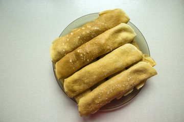 Pancakes on a plate, top view