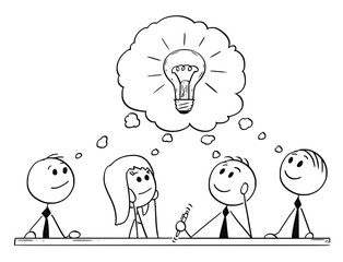 Cartoon stick man drawing conceptual illustration of business team meeting and brainstorming. Concept of teamwork and creativity.
