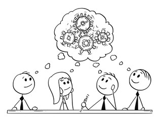 Cartoon stick man drawing conceptual illustration of business team meeting and brainstorming. Concept of teamwork and creativity.