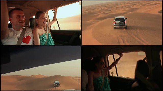 Desert Safari SUVs bashing through the arabian sand dunes. The girl and the guy in the car 4