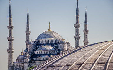 Naklejka premium Sultan Ahmed Mosque (Blue Mosque) in Istanbul under the blue sky. The shot made from Hagia Sophia