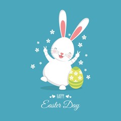 Easter bunny with easter egg. flat design. White rabbit on a blue background. Happy Easter!